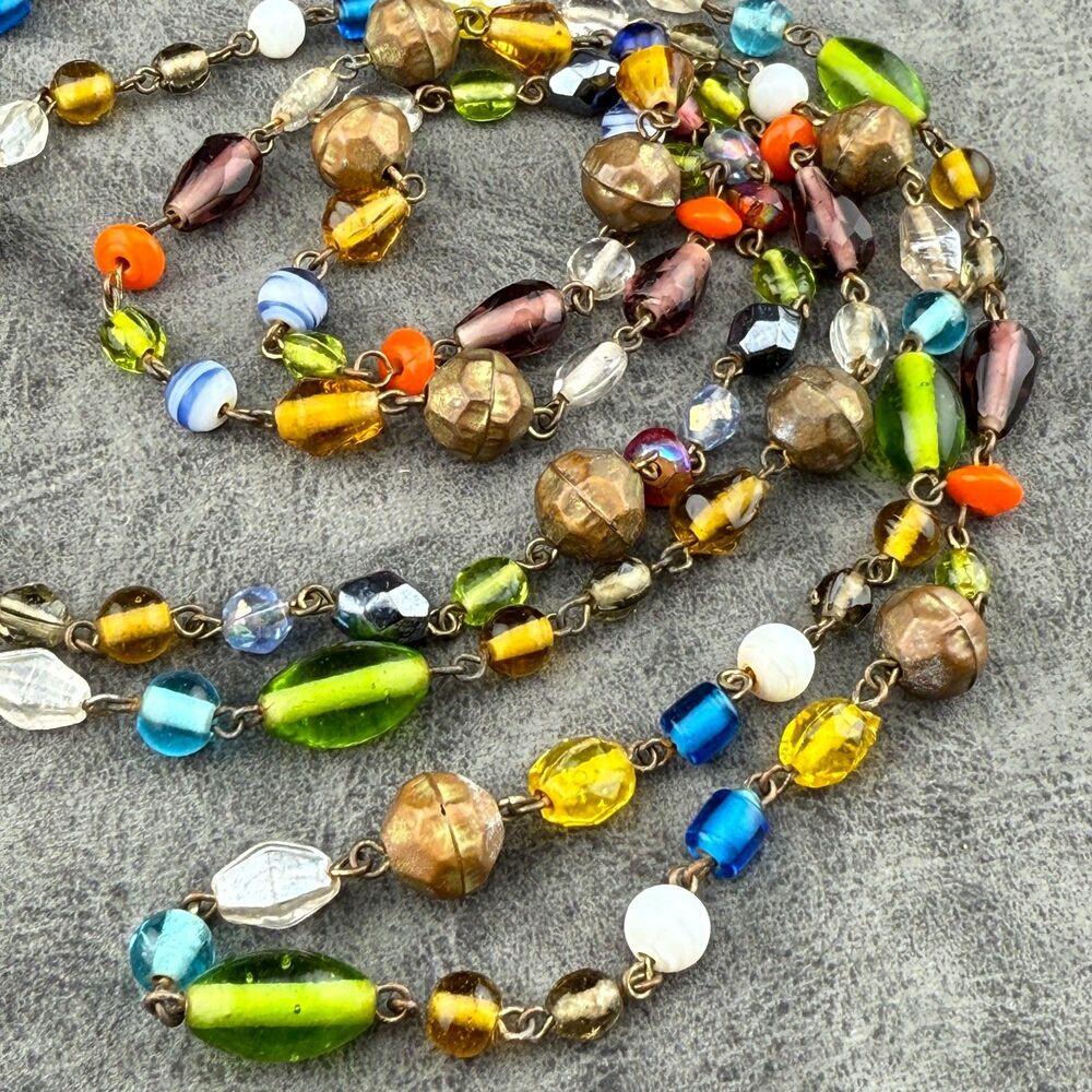 Long Vintage Multicolor Hand Blown Art Glass Metal Beaded Wire Necklace 28" Boho